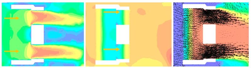 Die Simulationsergebnisse: Darstellung von: Strömungsgeschwindigkeit v, Druck p und Temperatur T. (Bild: Liebherr-Werk Ehingen)