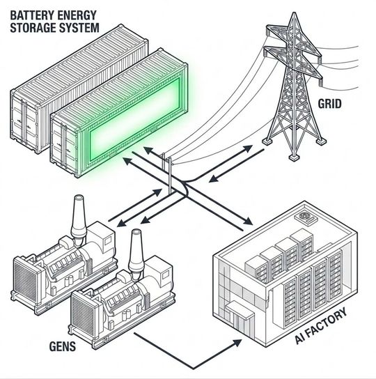 Die Auslegung von BESS für KI-Fabriken ist ein Problem der koordinierten Steuerung, bei dem Batterien, Generatoren, das Stromnetz und Rechenlasten durch ein Echtzeit-Energie-Management miteinander verknüpft werden. (Bild:  Nvidia)