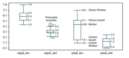 Ein Boxplot für vier Beispielattribute.(Bild:  Dr. Johannes Kröckel)