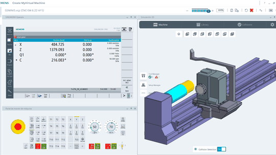 Mit dem vollfunktionsfähigen digitalen Zwilling der Maschine können Teileprogramme komplett virtuell erstellt und getestet werden – inklusive Kollisionserkennung.(Bild:  Siemens)