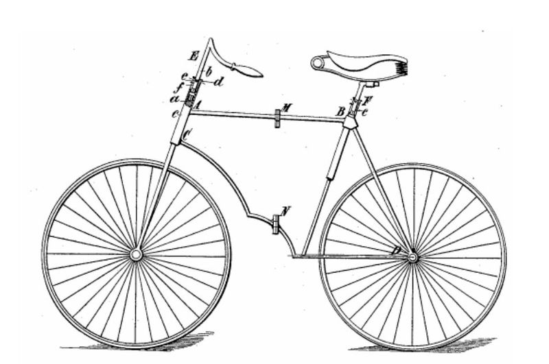 Dann war es lange still um die Klappräder. Erst in den 1960er- und 1970er Jahre ging die Entwicklung weiter. Hier ist ein typisches Klapprad aus Deutschland abgebildet (DE1951737U): Das Klapprad besteht aus einem Vorderteil (1) und einem Hinterteil (2), die beide durch ein Zentralrohr (3a, 3b) miteinander verbunden sind. Das Zentralrohr ist dabei durch einen vertikal ausgerichteten Gehrungsabschnitt in zwei Hälften (3a, 3b) geteilt, an dessen Gehrungsschnittflächen jeweils ein plattenförmiges Scharnierband eines Klappscharniers (4’) sitzt.  (Bild: frei lizensiert)