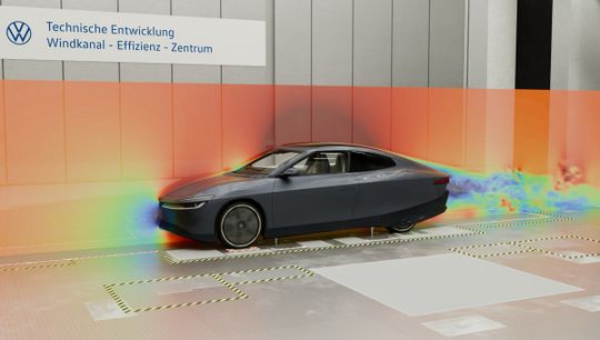 Am 14. August 2026 wurde der Aerodynamik-Weltrekord "niedrigster cW-Wert eines seriennahen alltagstauglichen Viersitzer-Fahrzeugs" (0,158) bestätigt.(Bild:  Volkswagen AG)