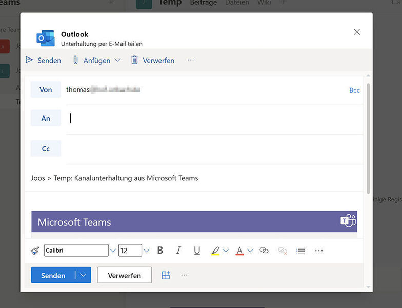 Beim Teilen von Nachrichten erstellt Teams über Outlook Web App eine neue Mail. Outlook muss dafür nicht installiert sein.  (Joos)
