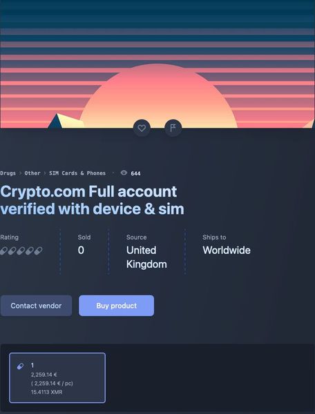 Wer sich den vorgeschriebenen KYC-Prozess (Know your Customer) sparen will, bei dem Kryptobörsenanbieter die Kundenidentitäten feststellen müssen, kann illegalerweise beispielsweise Cyrpto.com-Konton erwerben. Bei manchen Angeboten sind die Zugangsdaten – zumindest laut Angebot – verifiziert. Auch die SIM-Kartendaten werden mitverkauft. Auch kann so Zugang auf Digitale Assets von Dritten über deren deren Zugangsdaten. erworben werden, wenn diese ins Netz gelangt sind.  (Bild: Bitdefender)