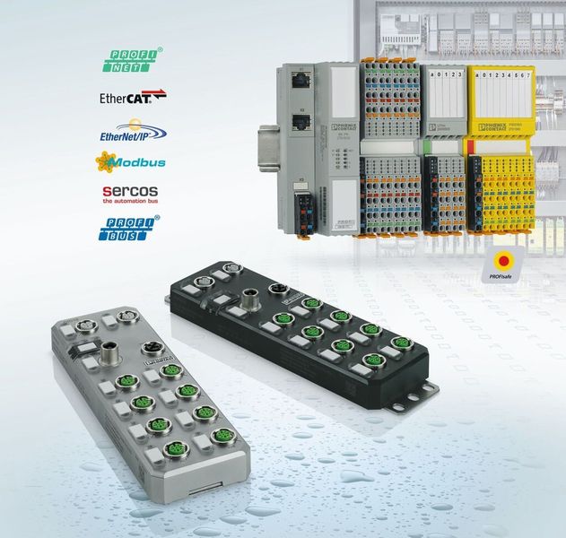 Das Echtzeit-I/O-System Axioline in Schutzart IP 20 und IP 67 unterstützt alle führenden Netzwerke wie Profinet, Ethernet/IP, Ethercat, Sercos, Modbus TCP und Profibus. (Phoenix Contact)