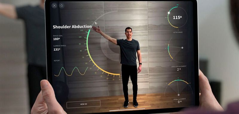 Dank Lidar-Sensoren und einem neuen Tiefenmessungs-Framework in iPadOS 13.4 soll das neue iPad in der Lage sein, Größen wie auch Positionen von Personen und Objekten exakt zu erfassen und vermessen. Dadurch sollen sich deutlich bessere Möglichkeiten für Augmented-Reality-Anwendungen ergeben.(Bild:  Apple)