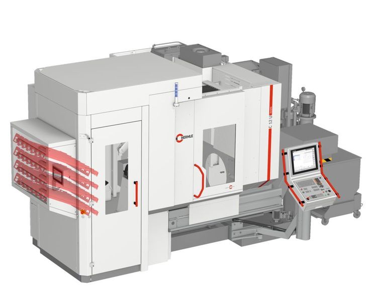 Das Robotersystem kann je nach Bedarf mit unterschiedlichen Speichermodulen ausgestattet werden. Im Bild: Kanbanspeicher (Hermle)