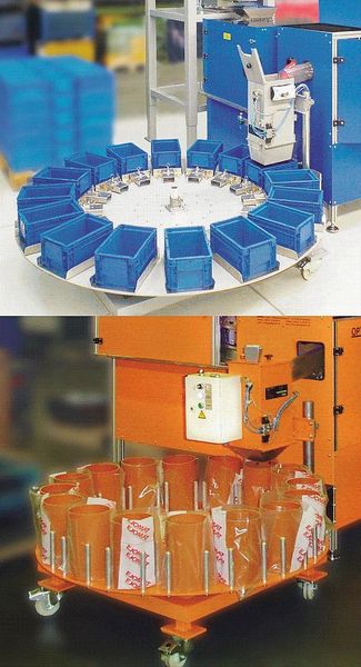 Bild1: Rundtaktbefüllsysteme: Oben für KLTs und unten ein Beispiel für Plastikbeutel.  (Bild: Gefra)