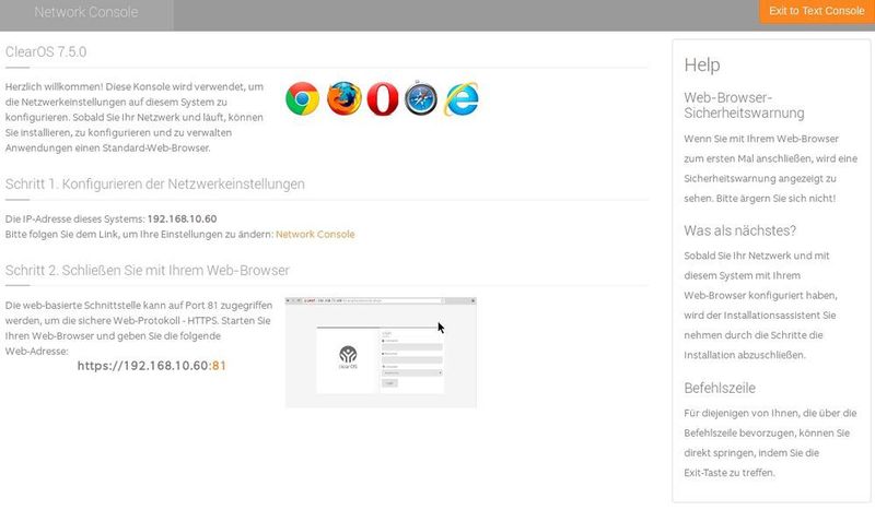 Nach der Installation werden in der Konsole des Bildschirms Informationen angezeigt, zum Beispiel wie die Webkonsole geöffnet wird. (Clear / Joos)