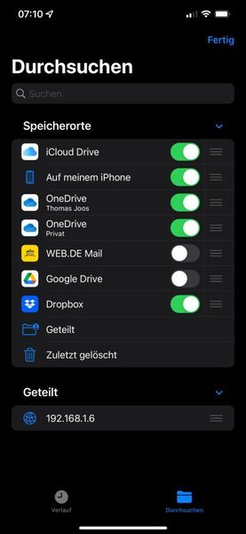 Durchsuchen-Bereich der Dateien-App anpassen. (Joos/Apple (Screenshot))