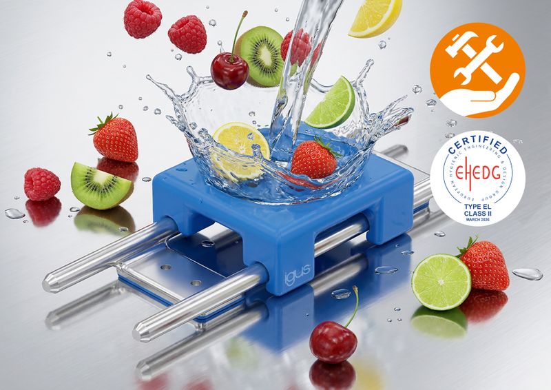 Neu im Igus-Sortiment ist auch diese Hygienic-Design-Linearführung mit einem Schlitten aus dem blauen Kunststoff Iglidur A160. Er ist PTFE-frei und PFAS-geprüft. (Bild: Igus)