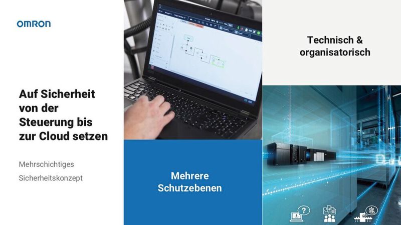 Mehrschichtiges Sicherheitskonzept: Um die Anforderungen zu erfüllen, sind technische und organisatorische Schutzebenen von der Steuerung bis zur Cloud notwendig. (Bild: Omron)