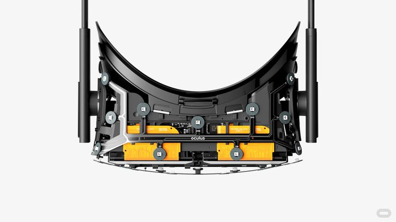 Die Oculus Rift ohne Abdeckung. Gut zu sehen sind die für das Trackeing verwendeten Infrarot-LEDs. (Bild: Oculus)