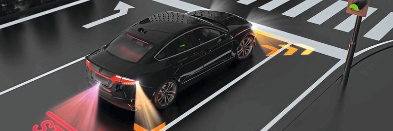 Digitale Lichtprojektion: Für die Projektion von Symbolen und Lichtmarkierungen kommen leistungsstarke LEDs zusammen mit Elektronik umd Software zum Einsatz. (Bild:  Plastic Omnium)