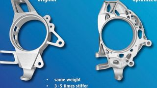 Anhand dieser Aluminium-Komponente für eine Radaufhängung eines Rennwagens, demonstrieren der Simulationsexperte Altair Engineering und Voxeljet, ein Spezialist für die additive Fertigung von Gußformen, in Hannover, wie die simulationsgetriebene bionische Bauteiloptimierung im Hinblick auf Gewichtsreduzierung gelingen kann. Altair optimierte das Bauteil, und Voxeljet brachte sein know-how für die wirtschaftliche Fertigung ein. (Bild: Voxejet)