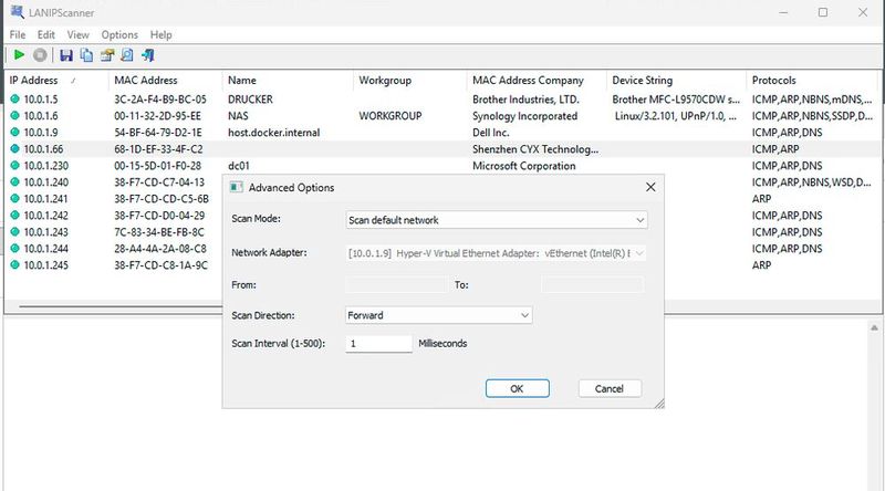 Die verwendete Netzwerkschnittstelle lässt sich in LANIPScanner auswählen. (Bild: Joos | Nirsoft)