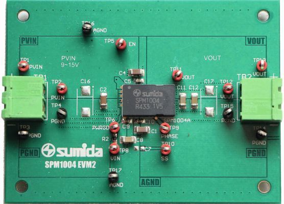 Bild 5: Das Modul SPM1004 ist für max. 6 A Ausgangsstrom und 12 V Eingangsspannung konzipiert. Die Ausgangsspannungen liegen zwischen 5 und 0,6 V. (Sumida)