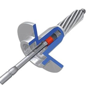 Ein schematisches Diagramm des Lenkmomentsensors in einem EPS-System. In dem rot hervorgehobenen Lager sitzt die Lagerbuchse – zwischen den beiden Hälften der Säule.