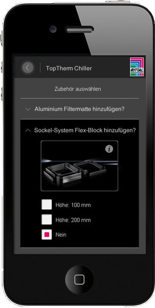 Schritt zwei der Chiller App stellt das passende Zubehör zur Auswahl, beispielsweise das Sockel-System Flex-Block. (Bild: Rittal)