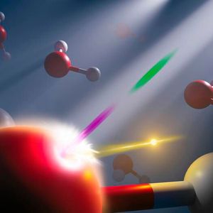 Scientists used a synchronized attosecond X-ray pulse pair (pictured pink and green here) from an X-ray free electron laser to study the energetic response of electrons (gold) in liquid water on attosecond time scale, while the hydrogen (white) and oxygen (red) atoms are ‘frozen’ in time.(Source:  Nathan Johnson/ Pacific Northwest National Laboratory)