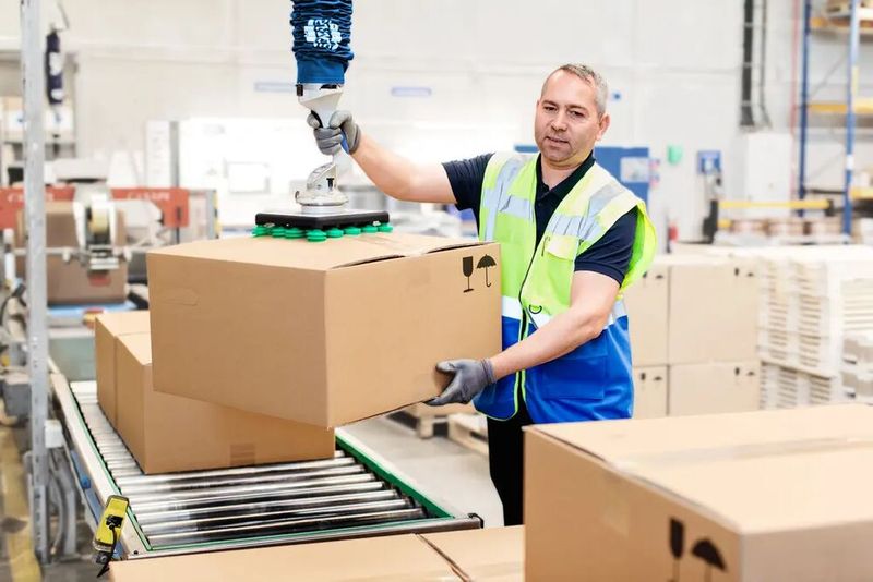 Vakuumgreifsysteme von Schmalz haben der Mannschaft im DM-Verteilzentrum Karlsruhe das Leben erleichtert. Es stand kurz vor der Überlastung. Und heute schaffen die Mitarbeiter statt 800 Pakete 1.850 Stück am Tag, bei geringerer Krankmeldungsrate. (Bild: J. Schmalz)