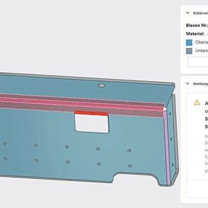 Screenshot eines Bauteils mit Meldung: Sollte ein Blechteil nicht mit den verfügbaren Technologien prozesssicher herstellbar sein, zeigt das System entsprechende Meldungen an.
