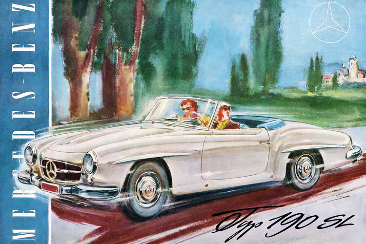 SL-Werbung im Stil der Zeit: Bis 1963 wurden fast 26.000 Einheiten des Mercedes 190 SL verkauft – fast die Hälfte davon in den USA. (Foto: Mercedes)