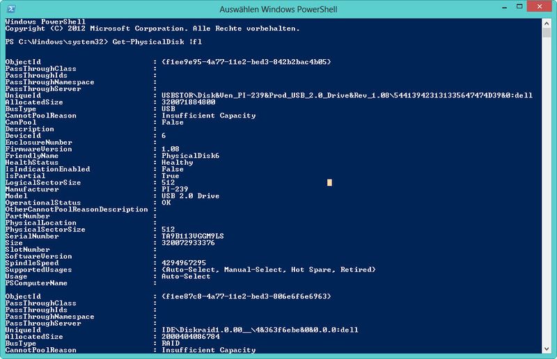 Abbildung 14: Mit „Get-PhysicalDisk“ lassen sich Administratoren in Windows 8 und Windows Server 2012 die eingebauten physischen Festplatten anzeigen, „Get-PhysicalDisk |fl“ gibt noch mehr Informationen. (Bild: Joos)