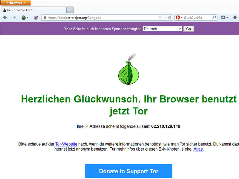 Abbildung 9: Auf der Startseite des TOR-Browsers testen Sie die Verbindung zu TOR und sehen auch die aktuelle IP-Adresse, die der Browser nutzt. Diese können Sie mit einem anderen lokalen Browser vergleichen und erkennen so, ob Ihre tatsächliche IP-Adresse verschleiert wird. (Bild: Joos)
