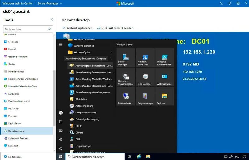 Auch der Remotedesktop steht im Windows Admin Center für die Verwaltung von Domänencontrollern zur Verfügung. (Joos / Microsoft)