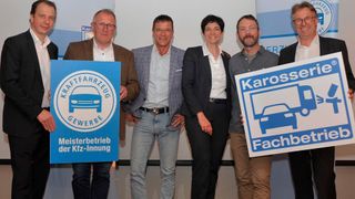 Gemeinsame Sitzung (v. l.): Stefan Bäckmann (Kfz-Innung Köln), Paul Laser (Nürnberger Automobil), Holger Parsch (Kfz-Innung Köln), Geschäftsführerin Claudia Weiler, Björn Hering (Netzsicher), Arndt Hürter (Karosseriebauer-Innung Köln). (Bild: Kfz- und Karosseriebauer-Innung Köln)