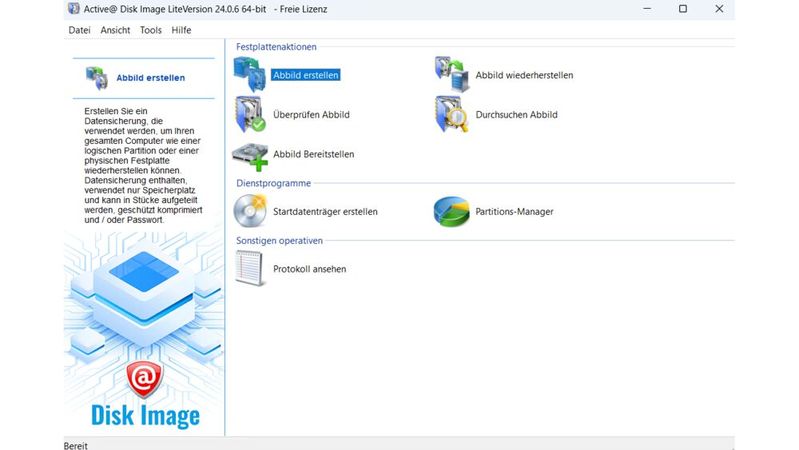 Erstellen von Images mit der kostenlosen Version von Active Disk Image.(Bild:  Joos – LSoft)