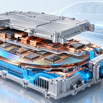 Symbolbild für hochintegrierte Leistungselektronik im Elektrofahrzeug: Onsemis Embedded Power Platform soll mehrere Halbleiterfunktionen in einem kompakten Package zusammenführen und so kleinere, effizientere Traktionsumrichter ermöglichen. (Bild: Dall-E / KI-generiert)
