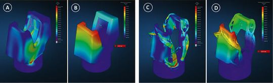 (Konventionelles Design (A, B) gegenüber der optimierten Konstruktion (C, D): Beide haben eine Spannungsspitze unten mittig (A, C), die Verformung unter Last ist jeweils an der Spitze oben ausgeprägt (B, D) alle Werte liegen aber stets im Toleranzbereich. Bild: Hexagon)