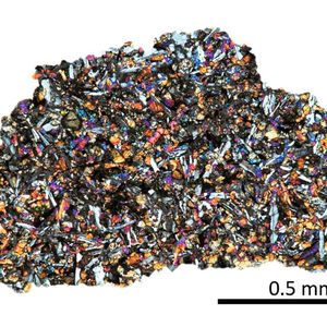Dünnschliff einer Meteoriten-​Probe, LAP 02436, Lunar Mare Basalt mit Glas, das die solaren Edelgase enthält. Bildtyp: optische Mikroskopie, kreuzpolarisiertes Licht.(Bild:  ETH Zurich / Patrizia Will)