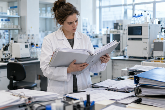 Rys. 3: Niekończące się poszukiwanie informacji, bardzo często wciąż w formie analogowej – codzienność w laboratorium(Bild:  KI-generiert)