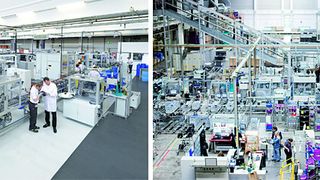 Links: Nur mit streng analytischer Vorgehensweise gelang es Brose innerhalb von zwölf Jahren, die Anzahl der Produktionsstandorte (hier das Werk in Würzburg) von 10 auf 40 zu erhöhen und zu einem globalen Produktionsnetzwerk zu vereinen.Rechts: Weltweit transparent: Die Jury würdigte bei Dräxlmaier (im Bild das Werk in Landau/Isar) die weltweite Einführung von Standards, die neue globale Organisationsstruktur und die transparente Steuerung des Netzwerks. (Brose / Dräxlmaier)