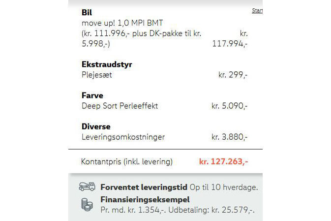VW verspricht seinen Kunden, den online georderten Up innerhalb von zehn Werktagen auszuliefern. (Screenshot VW Dänemark)