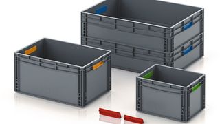 Die neuen Handgriffabdeckungen sind einfach zu montieren und machen aus einem Eurobehälter mit Handgriffen eine komplett geschlossene Box. (Bild: Auer Packaging)