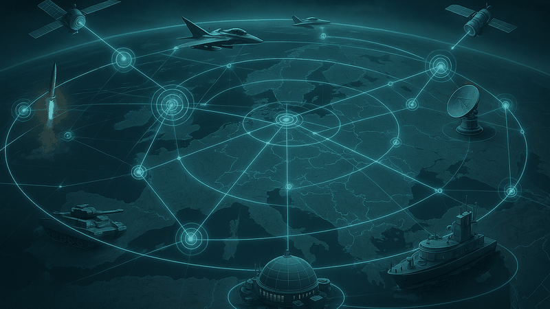 Illustration of a networked European multi-domain defence architecture linking air, land, sea, cyber and space assets through digital data streams and joint command-and-control structures.(Source:  KI-generiert)