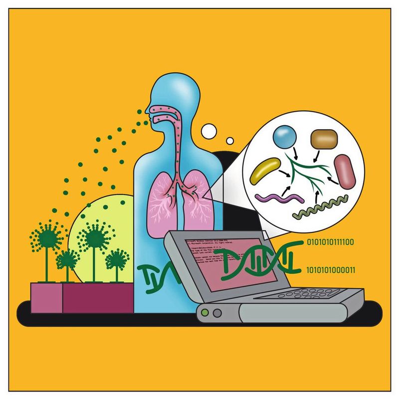Wenn Aspergillus fumigatus seine Sporen in die Luft streut, können sie eingeatmet werden und die menschliche Lunge besiedeln. Bioinformatik-Tools können die genetische Information des Pilzes analysieren und so helfen zu verstehen, wie der Pilz das Mikrobiom der Lunge zu seinem eigenen Vorteil gestaltet.