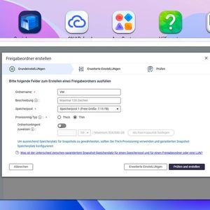 Konfiguration eines Freigabeordners im Speichermanager mit Auswahl von Speicherpool und Provisioning-Typ.(Bild:  Joos – QNAP)