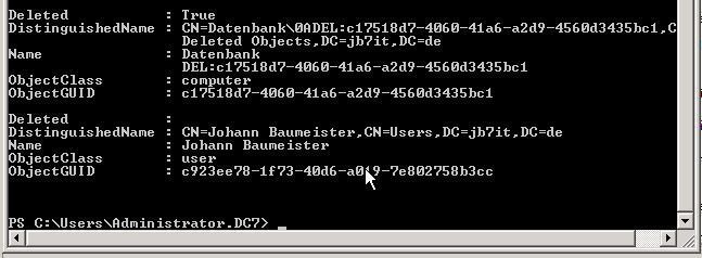 Im Bild sehen Sie einen Ausschnitt aus der Objekt-Liste des Active Directory. Die beiden letzten (sichtbaren) Einträge zeigen ein gelöschtes Objekt der ObjectClass computers mit dem Namen „Datenbank“ und ein noch aktives Objekt der Objekt-Klasse „User“ mit dem Namen „Johann Baumeister“. (Archiv: Vogel Business Media)