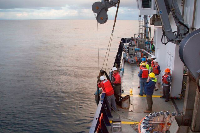 While aboard the research vessel Sally Ride off the coast of San Diego, Peacock, Alford and a multistakeholder team of researchers deployed a discharge hose and studied sediment plumes to assess the environmental impacts of deep-sea mining. (John Freidah)