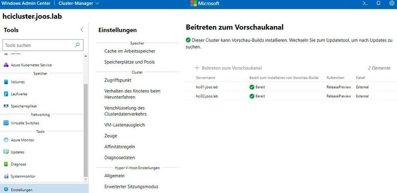 Anzeigen des Status der Clusterknoten für den Vorschaukanal. (Joos/Microsoft (Screenshot))