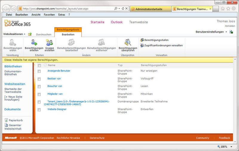 Im Administratorbereich legen Sie über „Berechtigungen ändern“ im Bereich „Teamwebsites und Dokumente“ fest, welche Rechte Anwender in der Dokumentenbibliothek auf dem Server erhalten. Am einfachsten weisen Sie die Benutzer einer der drei Gruppen Besitzer (Vollzugriff), Besucher (Nur Lesen) oder Mitglieder (Schreiben und lesen) zu. Sie können aber beliebige Gruppen selbst erstellen. (Archiv: Vogel Business Media)