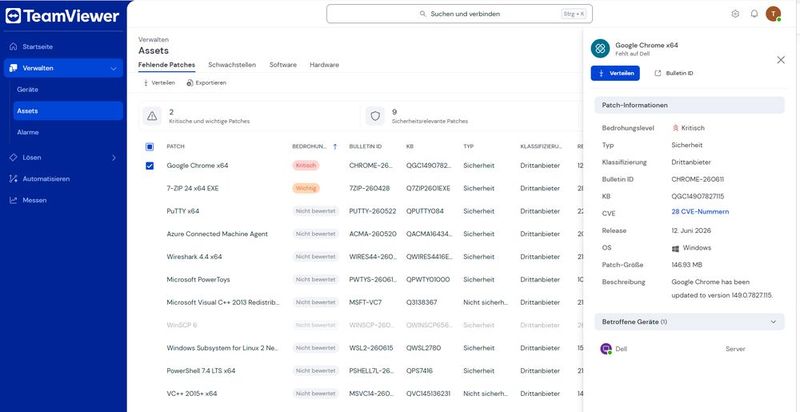 Das Detail-Flyout zu Google Chrome x64 nennt Bedrohungslevel, Bulletin-ID, 28 CVE-Nummern und die Schaltfläche zur Verteilung. (Bild: Joos - TeamViewer)