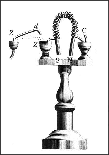 Im Jahr 1825 erfanden die Engländer William Sturgeon und Francis Watkins den ersten Elektromagneten. Es handelte sich um ein hufeisenförmiges Stück Eisen, das spulenartig von Draht umwickelt war. Wenn Strom durch den Draht floss, konnte das dabei entstehende Feld ein Gewicht von bis zu vier Kilogramm anheben, was dem 20-Fachen Gewichts des Elektromagneten entsprach. Im Bild: Der erste Elektromagnet, von Sturgeon im Jahre 1824 erfunden. Zeichnung Sturgeons aus seinem Paper für die British Royal Society of Arts, Manufactures, and Commerce von 1824. Der Magnet bestand aus 18 Windungen nackten Kupferdrahtes (isolierter Draht war noch nicht erfunden). (Bild: Gemeinfrei)