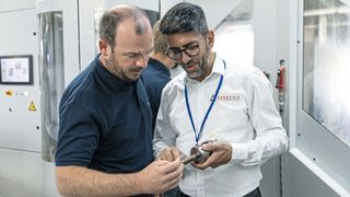 Michael Mangold (left, Production Manager, Leuka GmbH) and Baris Dogan (Technical Sales Engineer, Ceratizit) are satisfied with the newly developed cutter for titanium machining. (Source:Ceratizit)
