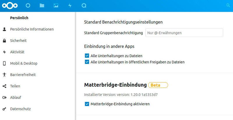 Matterbridge in Nextcloud installieren und aktivieren. (Joos)